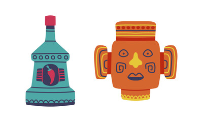 Mexican aztec mask and bottle of traditional Mexican alcohol drink cartoon vector illustration