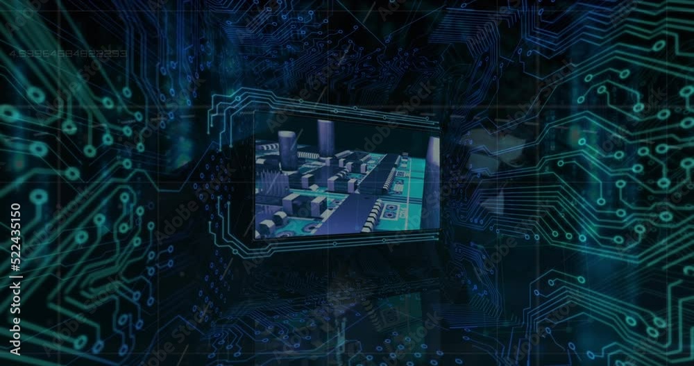 Aufkleber animation of screen with data processing and microprocessor connections over male hacker