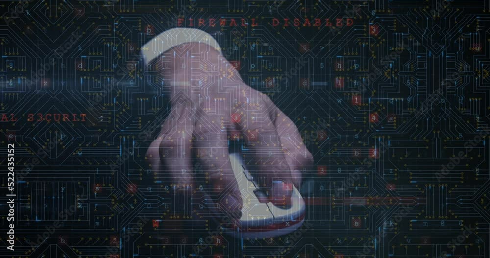 Poster animation of cyber security data processing over mid section of businessman using a mouse