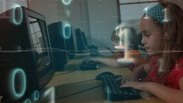 Animation of data processing and binary coding against caucasian girl using computer at school