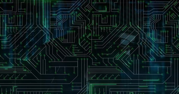 Animation of microprocessor connections over male hacker using laptop