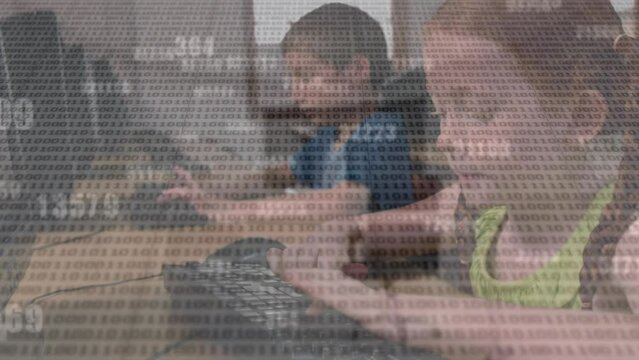 Animation of binary coding and changing numbers over caucasian girl using computer at school
