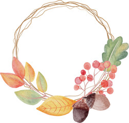 watercolor autumn leaves on dry twig wreath frame