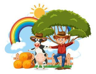 Cowboy and cow dancing cartoon character