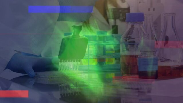 Animation of green digital waves over mid section of scientist working at laboratory