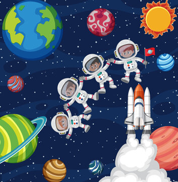 Cartoon space background with astronauts