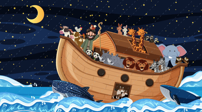 Ocean scene with Noah's ark with animals