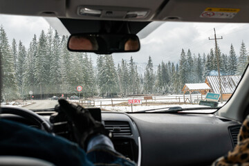 Nice view from a car on city and mountains. Travel destination. 