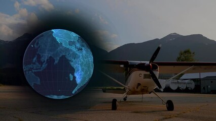 Animation of blue globe and upward arrows over small plane waiting at airport - Powered by Adobe