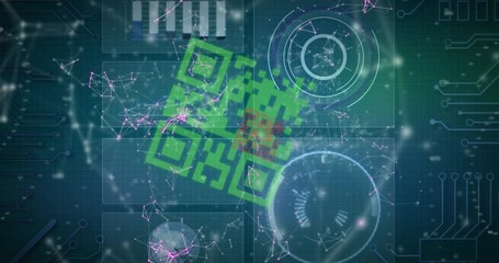 Animation of colourful qr codes over communication network and data processing charts on interface - Powered by Adobe