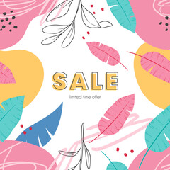 Colored summer banner. Sale. Summer discounts. tropical leaves. Seamless pattern. Hand drawn vector.