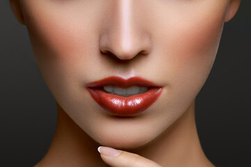 Close-up portrait of beautiful young woman lips with bright red lipstick