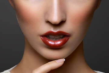 Close-up portrait of beautiful young woman lips with bright red lipstick