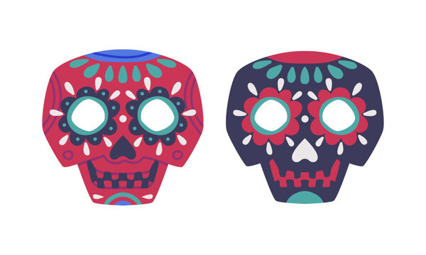 Set of sugar skulls with floral ornament. Mexican Day of the Dead symbol cartoon vector illustration