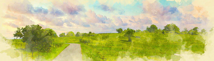 view of green fields and trees in watercolor style