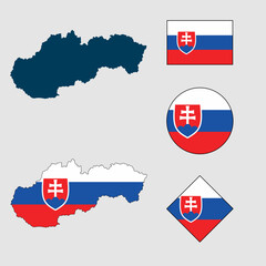Vector of Slovakia country outline silhouette with flag set isolated on white background. Collection of Slovakia flag icons with square, circle, rectangle and map shapes.