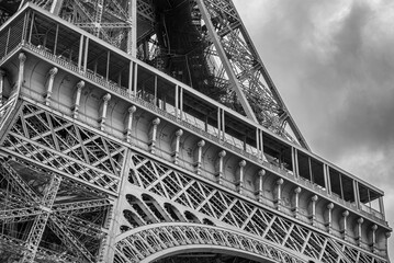 Eiffel tower close-up in black and white