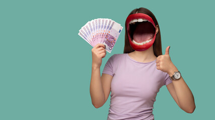 Contemporary art collage. Composition with young woman headed of female mouth holding money banknotes, showing thumbs up