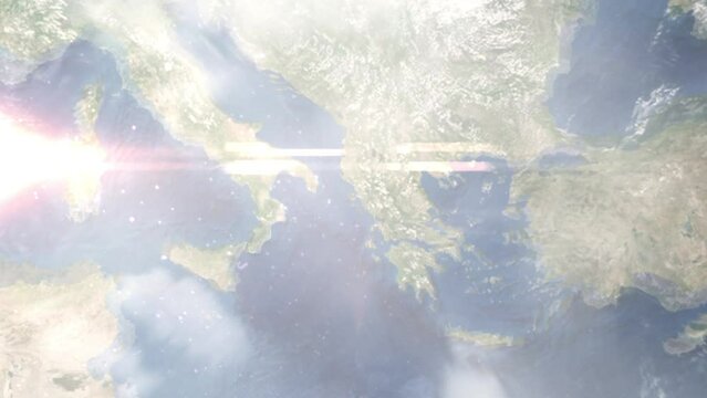 Earth zoom in from outer space to city. Zooming on Kerkyra, Greece. The animation continues by zoom out through clouds and atmosphere into space. Images from NASA