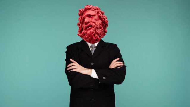 Abstract modern collage. The dissatisfied man with the plaster head of David