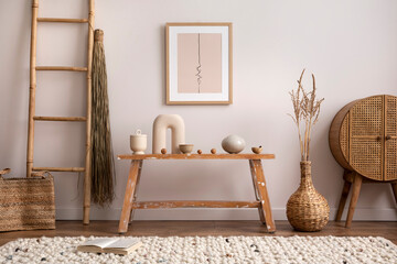 Sunny and bright space of living room with wooden bench, commode, bamboo ladder, mock up poster...