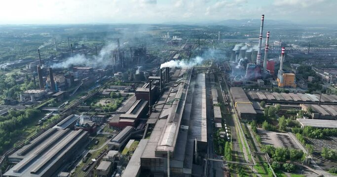 Industrial metallurgical plant in Ostrava (Czech Republic) Industrial zone, coal power plant. Aerial view. 