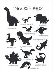 Poster with silhouettes of dinosaurs and their names. Educational material for children. Vector illustration. © Tatiana