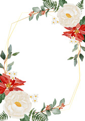 watercolor christmas flower bouquet wreath with gold frame invitation card background