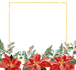 watercolor christmas poinsettia flower bouquet wreath frame with gold glitter