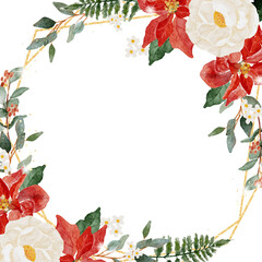 watercolor christmas flower bouquet wreath with gold glitter frame square  banner background