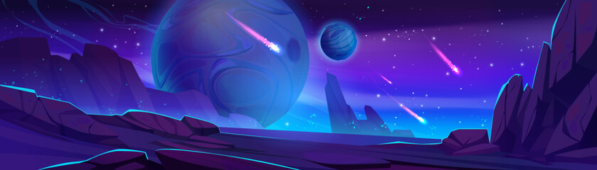 Alien planet landscape, night Mars surface with meteorites and spheres in space. Extraterrestrial game background with mountains, rocks and dark starry sky with comets, Cartoon vector illustration © klyaksun