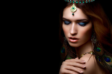 Beautiful girl with bright make-up, jewelery peacock feather earrings, diadem and manicure. Sensual east look
