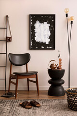 Interior design of retro and elegant living room with design armchair, side table, furniture, mock...