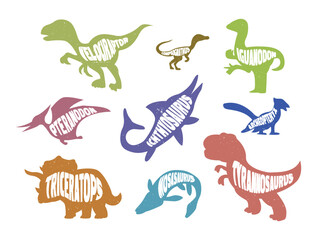 Set of colorful silhouettes of dinosaurs with lettering. vector illustration.