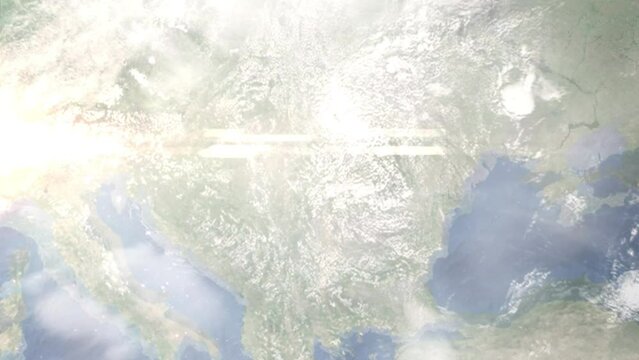 Earth zoom in from outer space to city. Zooming on Deva, Romania. The animation continues by zoom out through clouds and atmosphere into space. Images from NASA