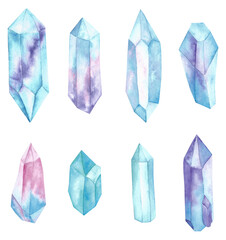 Watercolor set of colorful gemstones. Beautiful hand-drawn crystals isolated on white background.