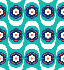 Abstract Wavy Stripes Retro Flowers Trendy Colors Vector Seamless Pattern Perfect for Allover Fabric Print or Wrapping Paper