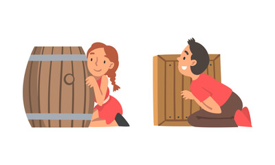Kids playing hide and seek set. Boy and girl hiding behind barrel and wooden fence cartoon vector illustration