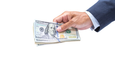 Man hand holding 100 dollar banknote isolated