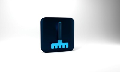 Blue Garden rake icon isolated on grey background. Tool for horticulture, agriculture, farming. Ground cultivator. Housekeeping equipment. Blue square button. 3d illustration 3D render