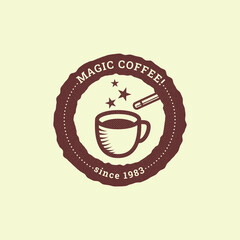 simple flat art vintage round vector logo of cup of coffee with magic wand and stars