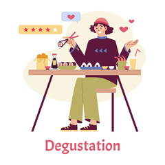 Happy man enjoys food in Japanese restaurant, flat vector illustration isolated on white background.