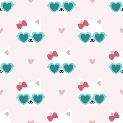 Pink seamless pattern with white cats wearing heart shaped sunglasses