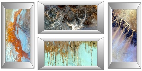 composition of 4 abstract photographs in silver frames of the deserts of Africa from the air,