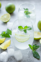 Iced cold lemonade with fresh lime and juice