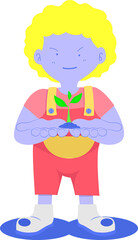 a yellow head kid standing holding a little tree