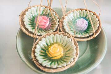 Rose shape layer sweet cake or Kanom Chan, Thai traditional dessert.