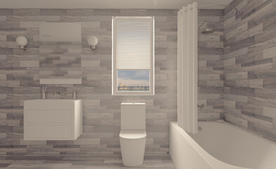 Spacious bathroom in gray tones with heated floors, freestanding tub. 3D rendering.