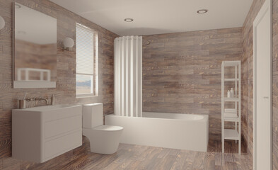 Modern bathroom including bath and sink. 3D rendering.