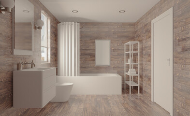 Fototapeta na wymiar Freestanding bath with towels in grey modern bathroom. 3D rendering.. Mockup. Empty paintings